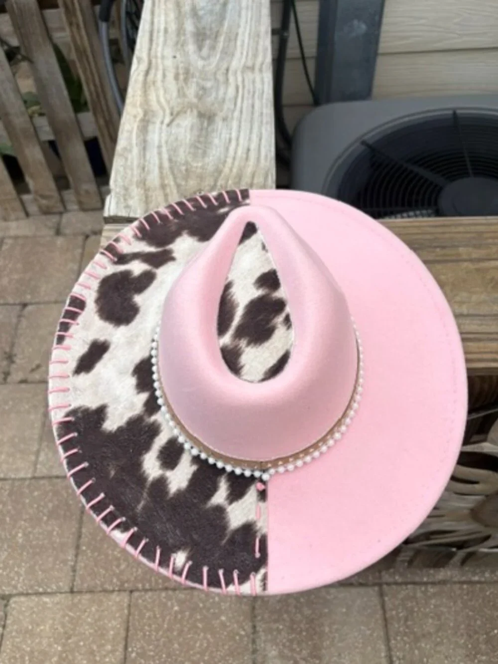Pink & Cowhide Split Western Cowboy Hat with Pearl Band